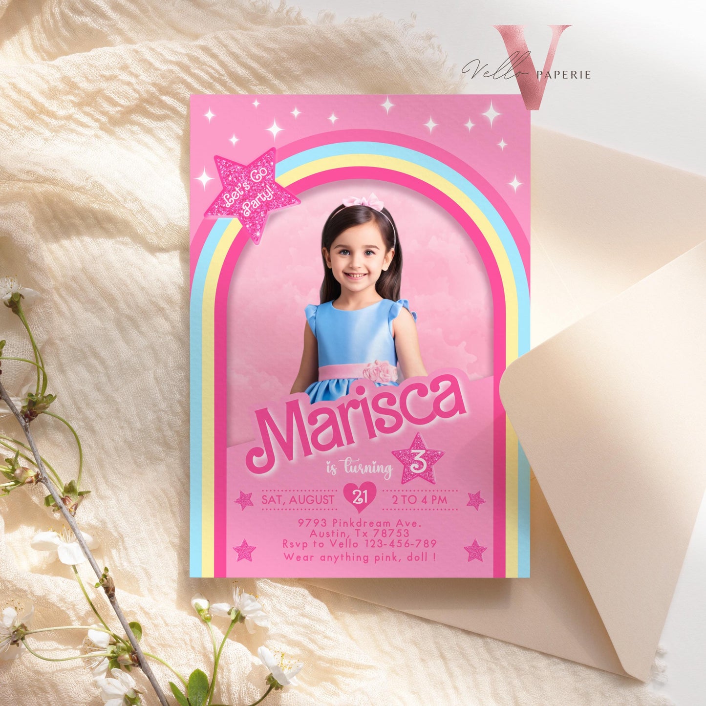 Pink Rainbow Fashion Doll Box Photo Birthday Invitation, Editable Selfie Rainbow Glam Pink Doll Party Invite Instant Template