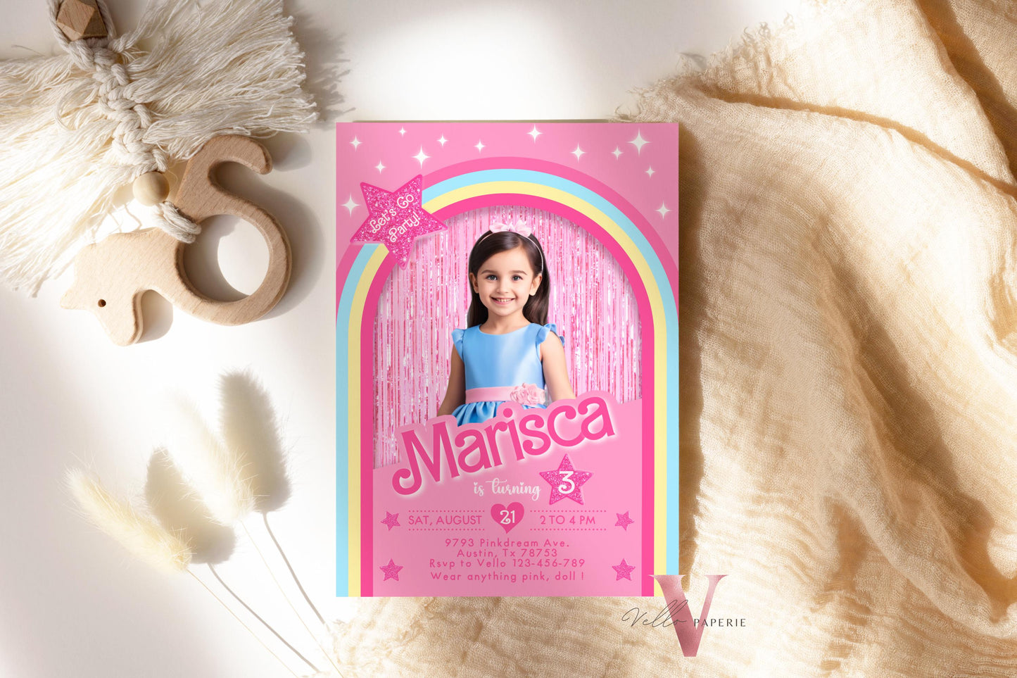 Pink Rainbow Fashion Doll Box Photo Birthday Invitation, Editable Selfie Rainbow Glam Pink Doll Party Invite Instant Template