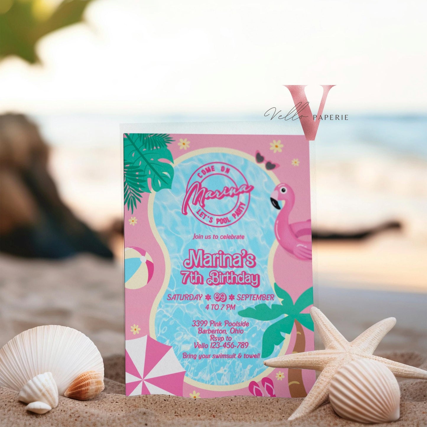 Pink Doll Pool Birthday Invitation | Editable Yourseld Malibu Pool Party Invite | Pink Blue Malibu Come On Lets Go Party Instant Template