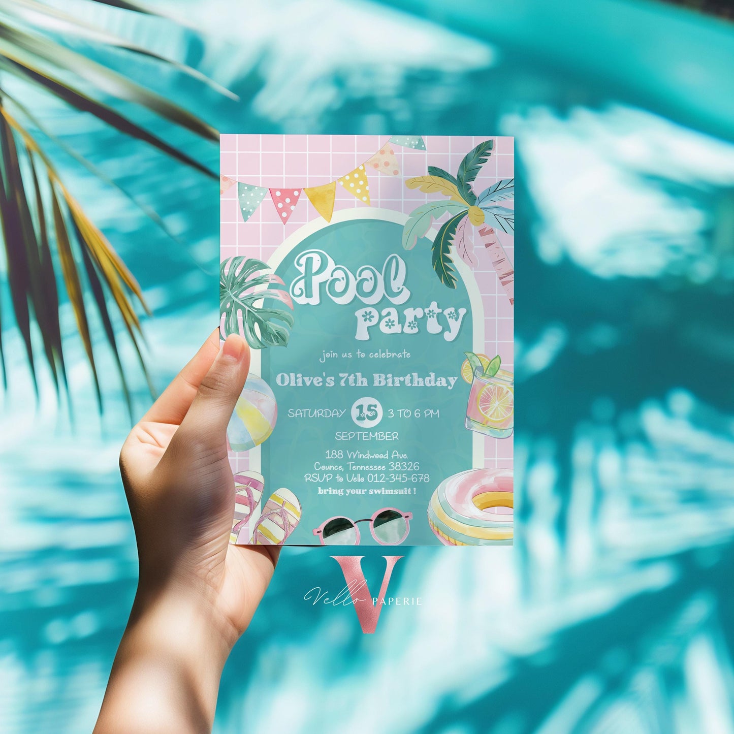 Editable Pool Birthday Party Invitation | Watercolor Summer Party Invite | Pink Turquoise Pool Party Invite Any Age Birthday Bash Instant