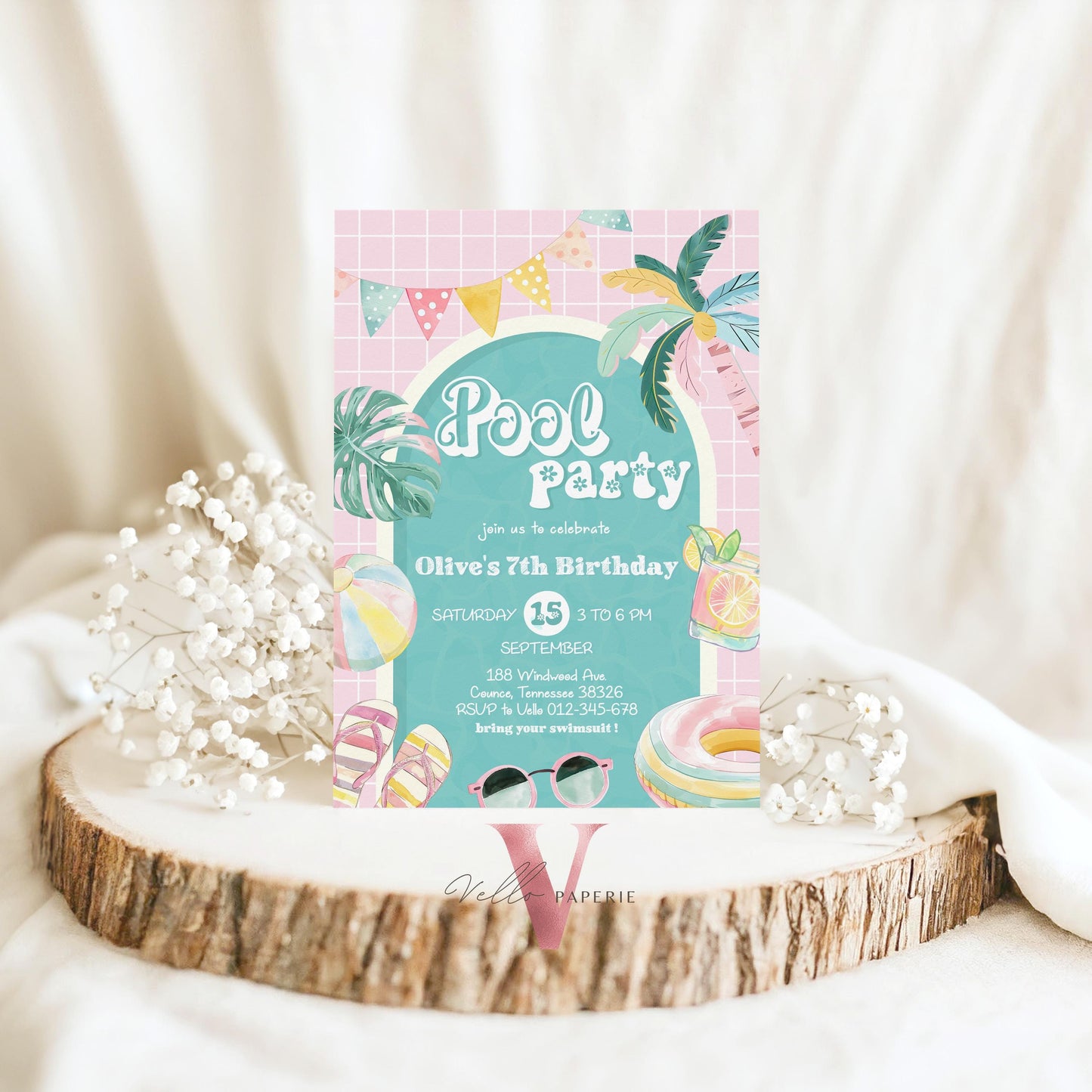 Editable Pool Birthday Party Invitation | Watercolor Summer Party Invite | Pink Turquoise Pool Party Invite Any Age Birthday Bash Instant