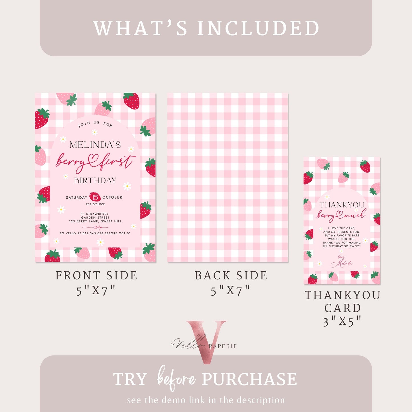Editable Berry First Birthday Invitation Girl | Berry First Birthday Party Invite | Summer Girl Pink Gingham First Birthday Instant Template