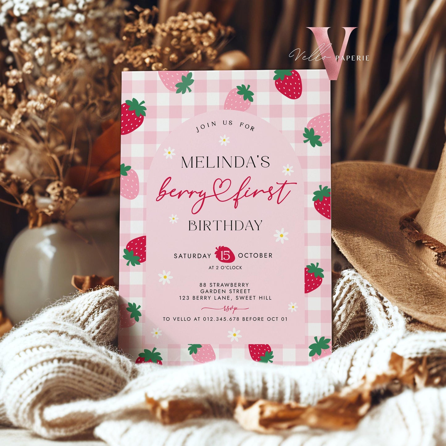 Editable Berry First Birthday Invitation Girl | Berry First Birthday Party Invite | Summer Girl Pink Gingham First Birthday Instant Template