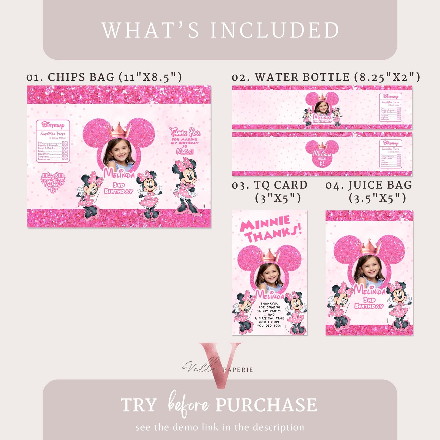 Self Editable Photo Minnie Mouse Birthday Party Favors | Glitter Pink Minnie Party Chip Bag, Water Bottle Label, Caprisun, Thanks Tag MMB03