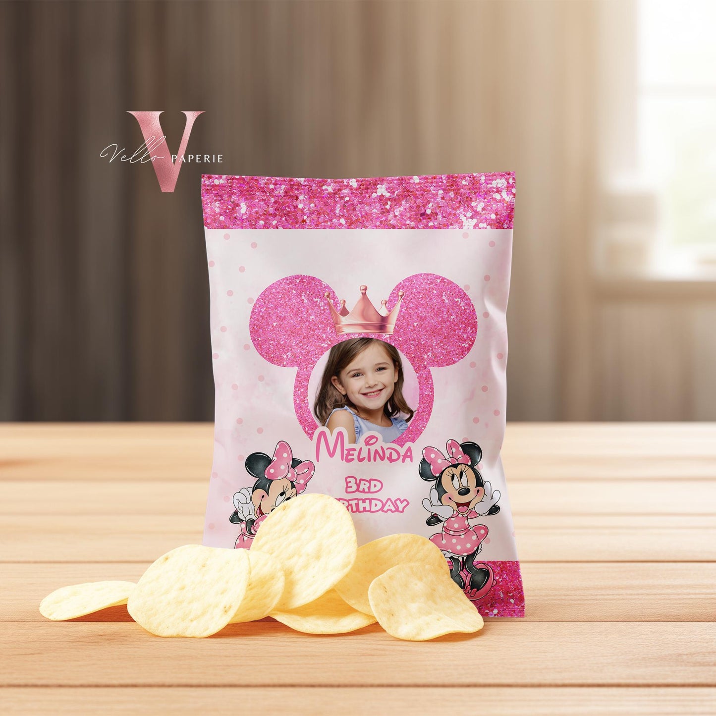 Self Editable Photo Minnie Mouse Birthday Party Favors | Glitter Pink Minnie Party Chip Bag, Water Bottle Label, Caprisun, Thanks Tag MMB03