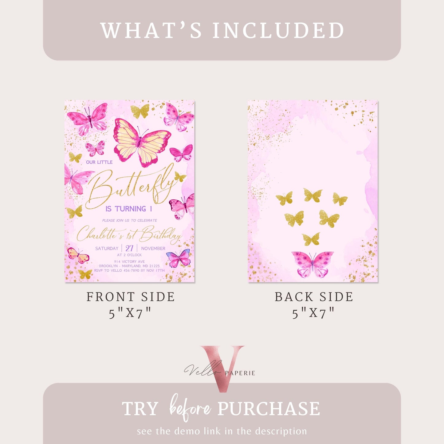 Pink Gold Glitter Watercolor Butterfly Birthday Party Invitation | A little butterfly Any Age Party Invite | Pink Sparkle Butterfly Card