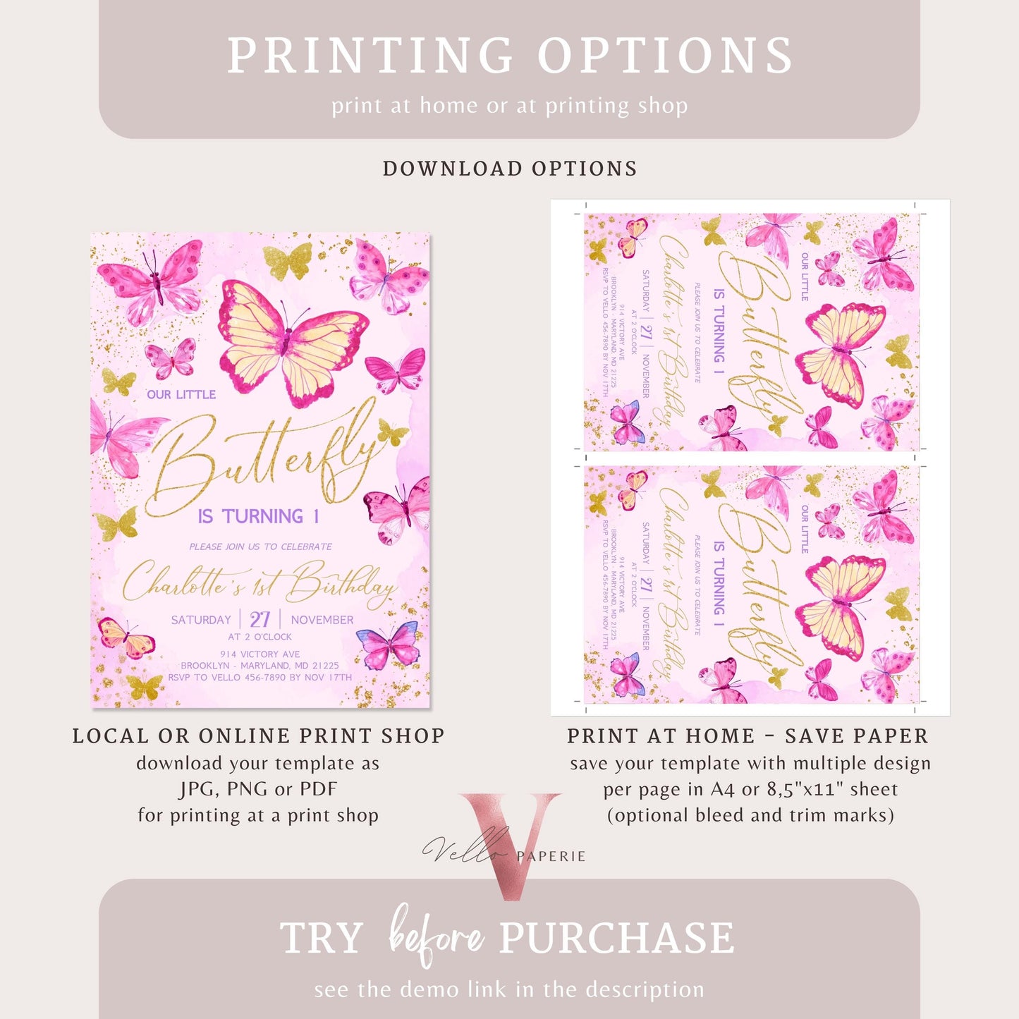 Pink Gold Glitter Watercolor Butterfly Birthday Party Invitation | A little butterfly Any Age Party Invite | Pink Sparkle Butterfly Card