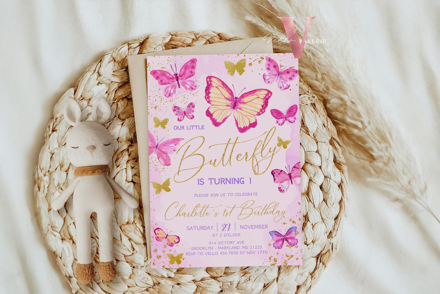 Pink Gold Glitter Watercolor Butterfly Birthday Party Invitation | A little butterfly Any Age Party Invite | Pink Sparkle Butterfly Card