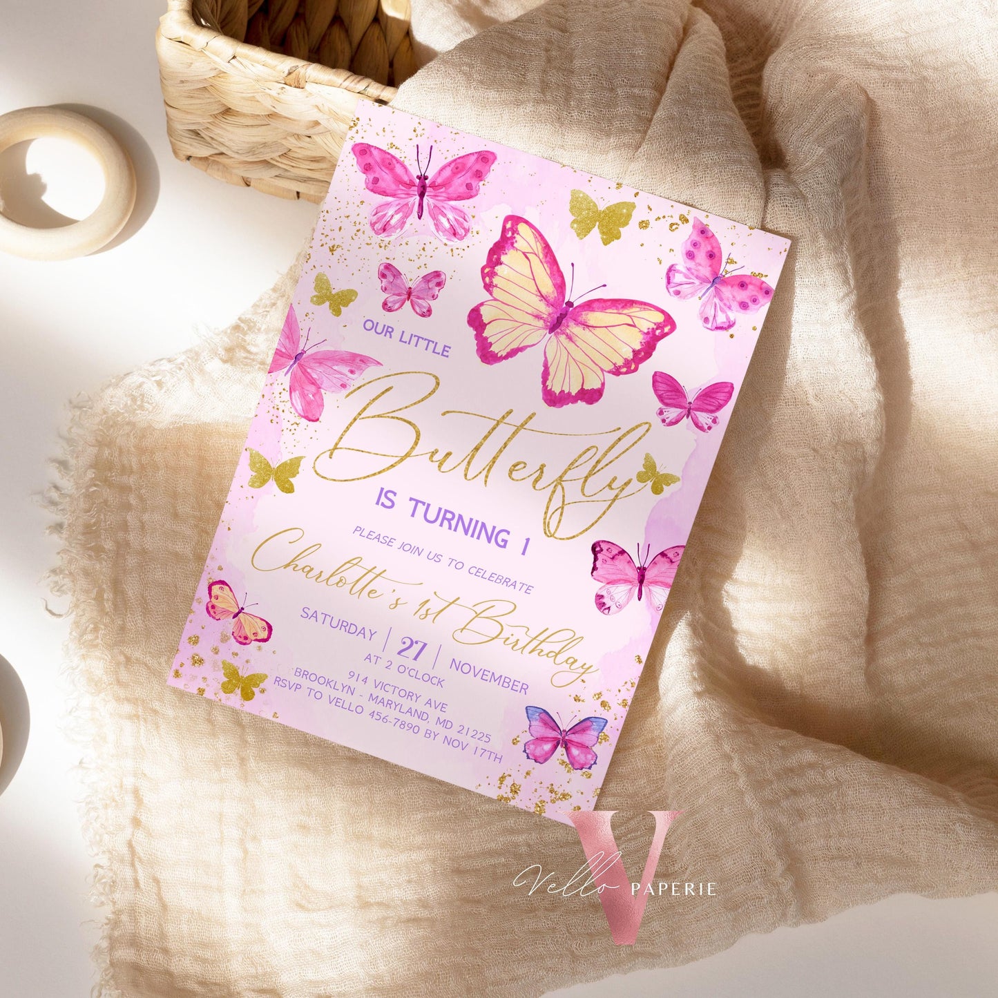 Pink Gold Glitter Watercolor Butterfly Birthday Party Invitation | A little butterfly Any Age Party Invite | Pink Sparkle Butterfly Card