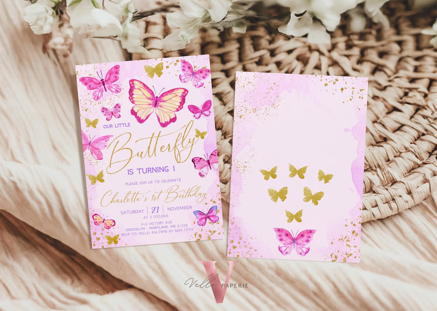 Pink Gold Glitter Watercolor Butterfly Birthday Party Invitation | A little butterfly Any Age Party Invite | Pink Sparkle Butterfly Card