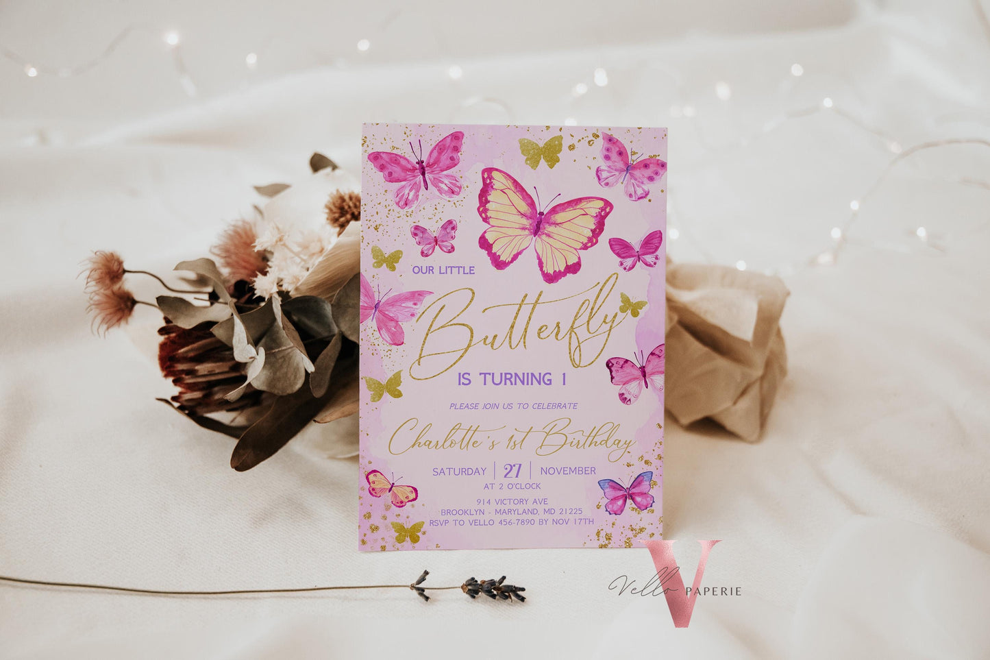 Pink Gold Glitter Watercolor Butterfly Birthday Party Invitation | A little butterfly Any Age Party Invite | Pink Sparkle Butterfly Card
