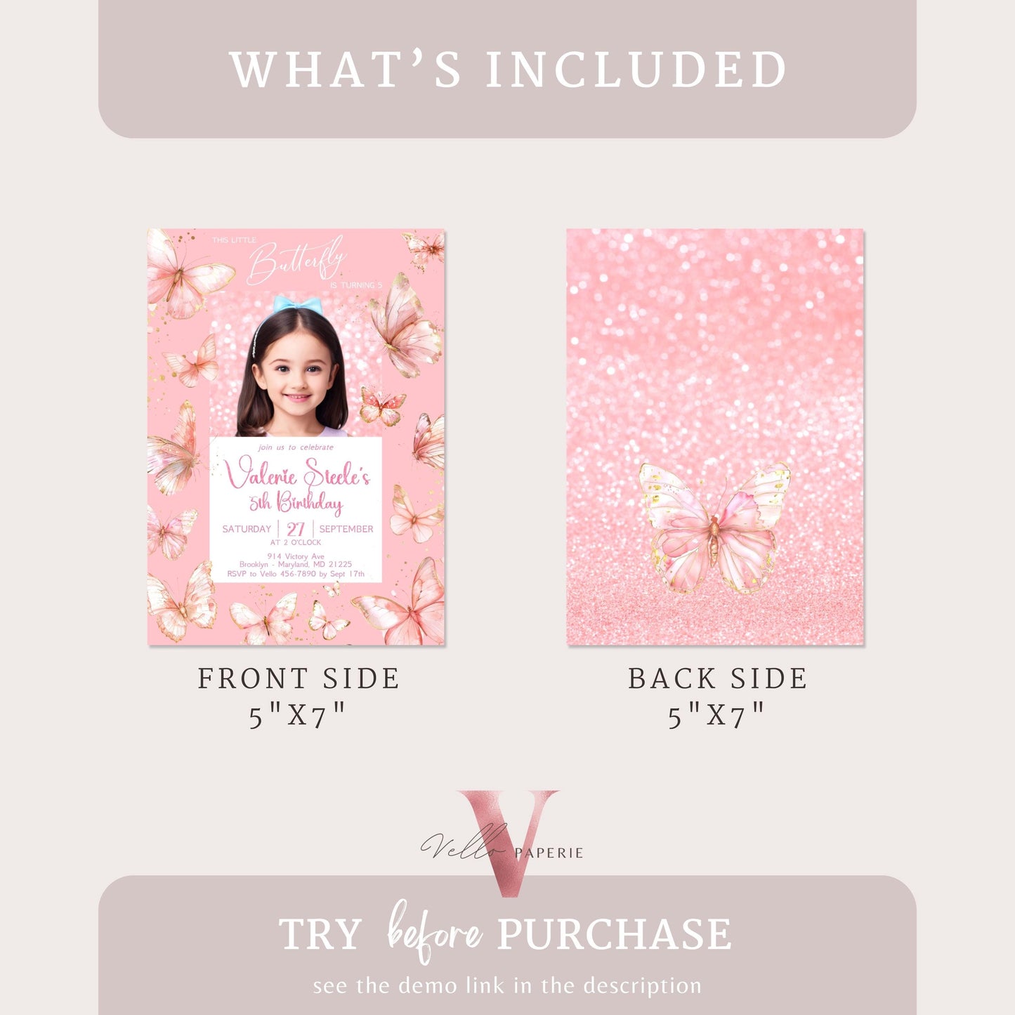 Pink Photo Watercolor Butterfly Birthday Invitation | A little butterfly Party Invite with photo | Glam Pink Glitter Baby Butterfly Template