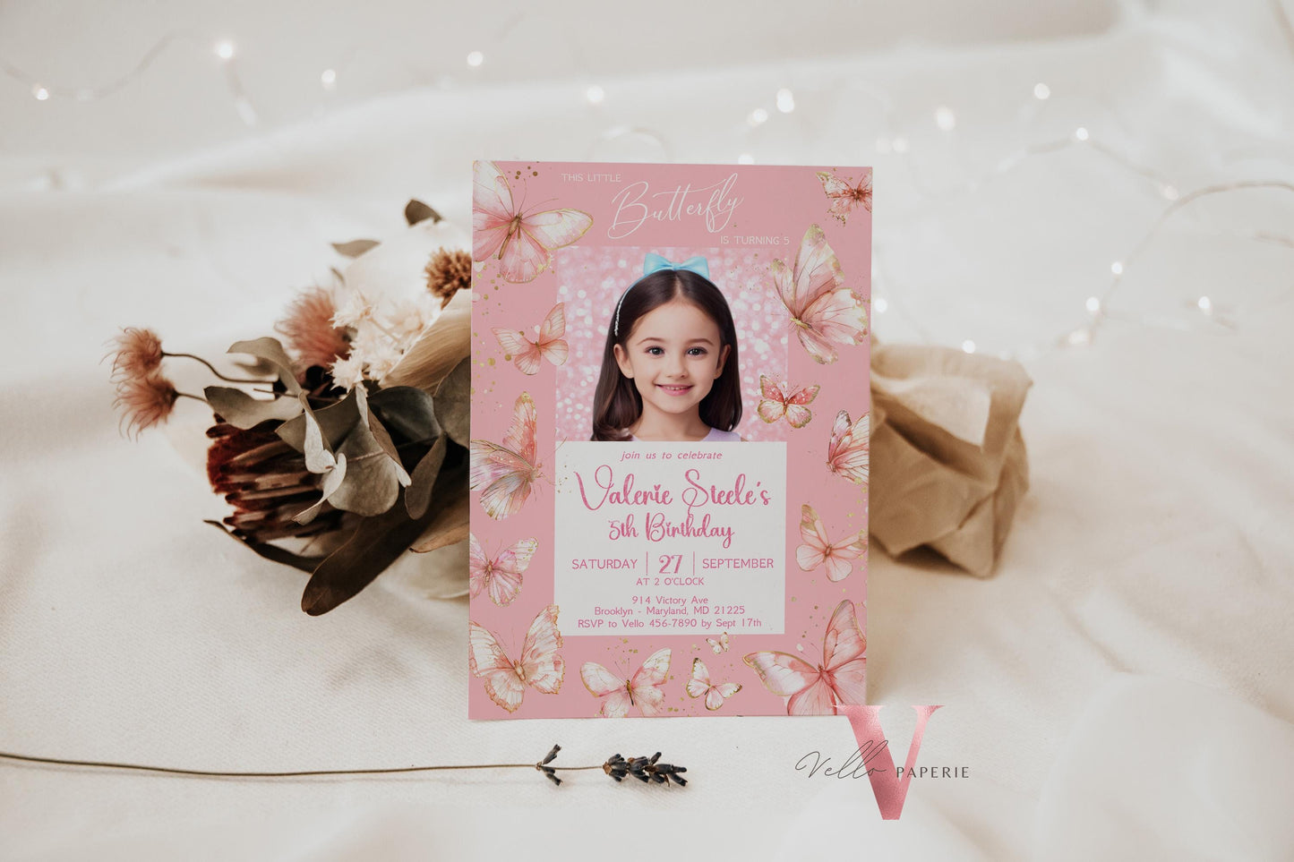 Pink Photo Watercolor Butterfly Birthday Invitation | A little butterfly Party Invite with photo | Glam Pink Glitter Baby Butterfly Template