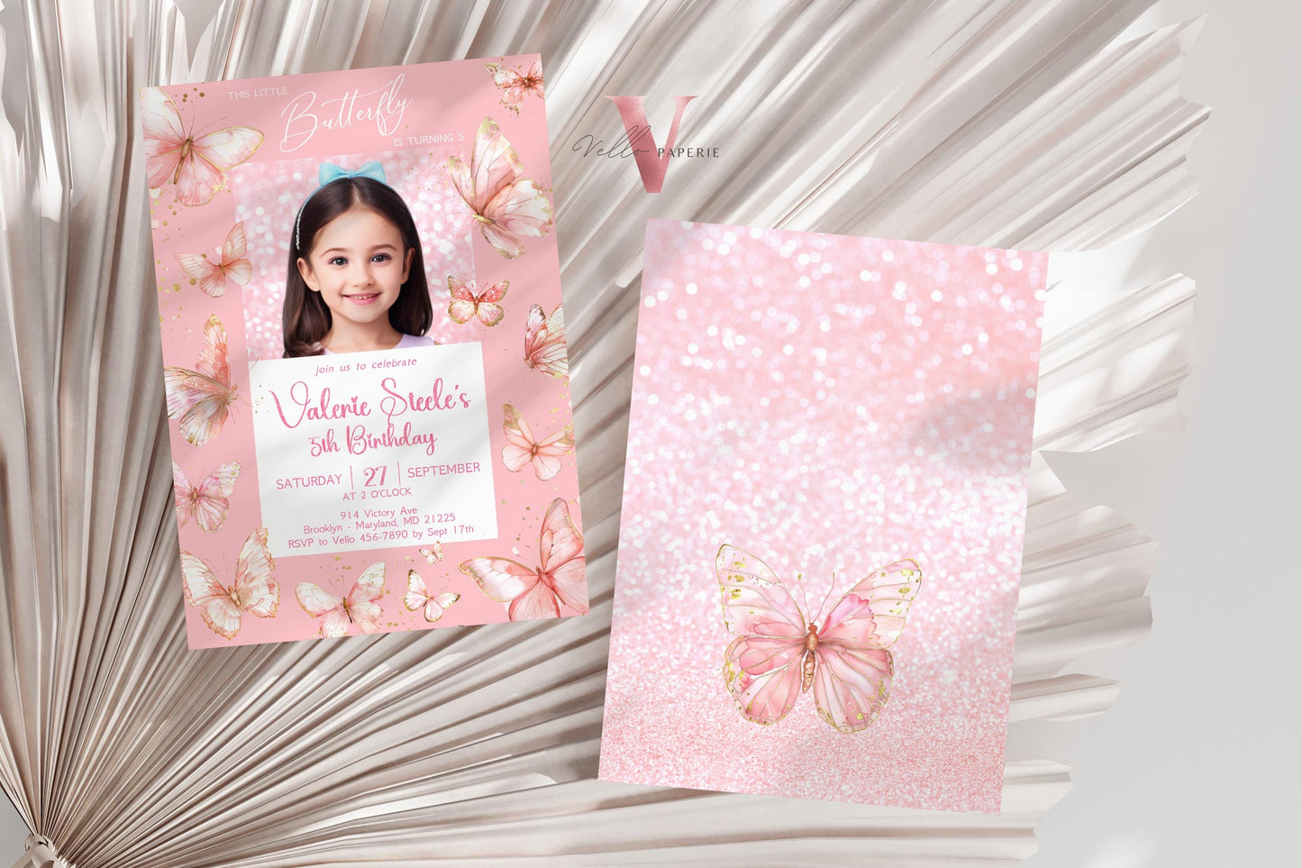 Pink Photo Watercolor Butterfly Birthday Invitation | A little butterfly Party Invite with photo | Glam Pink Glitter Baby Butterfly Template