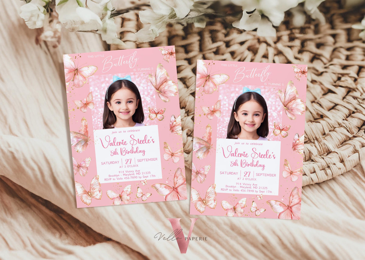 Pink Photo Watercolor Butterfly Birthday Invitation | A little butterfly Party Invite with photo | Glam Pink Glitter Baby Butterfly Template