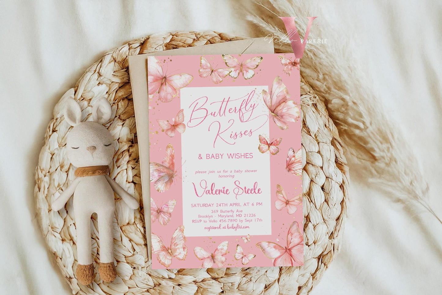 Pink Gold Watercolor Butterfly Baby Shower Party Invitation | A little butterfly Welcome Baby Party Invite | PInkGold Glitter Baby Butterfly