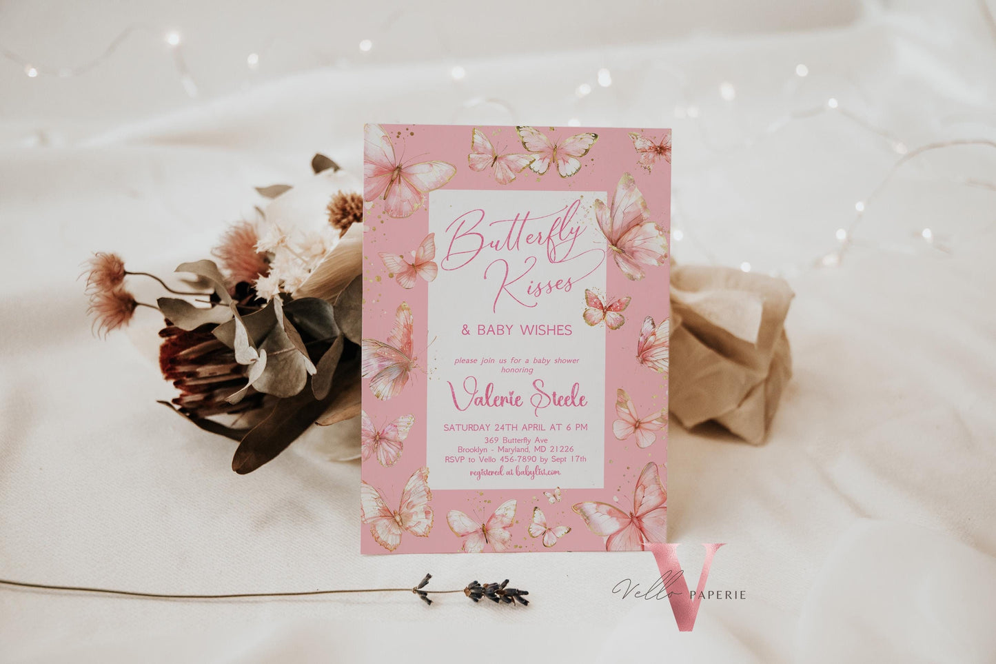 Pink Gold Watercolor Butterfly Baby Shower Party Invitation | A little butterfly Welcome Baby Party Invite | PInkGold Glitter Baby Butterfly