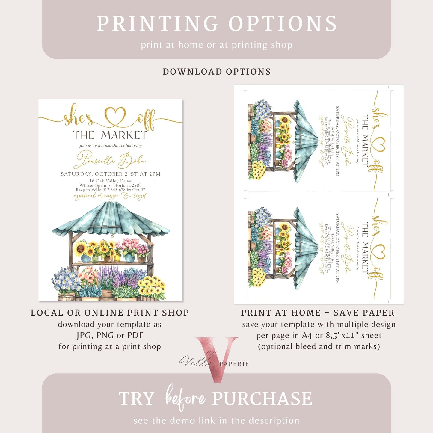 Off the Market Bridal Shower Party Invitation | She's off the Market Invite | Farmer's Market Watercolor Bride to Be Instant Template