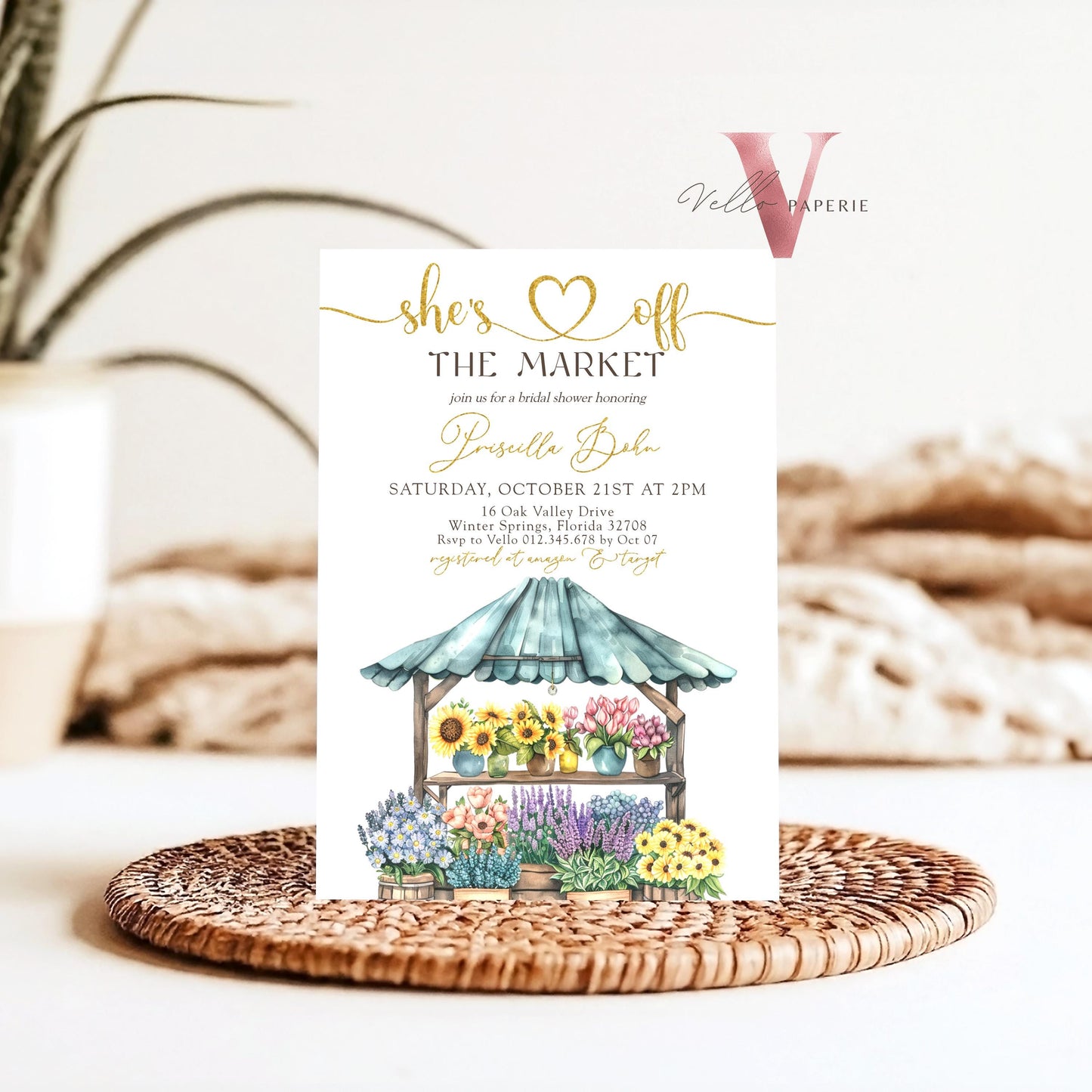 Off the Market Bridal Shower Party Invitation | She's off the Market Invite | Farmer's Market Watercolor Bride to Be Instant Template