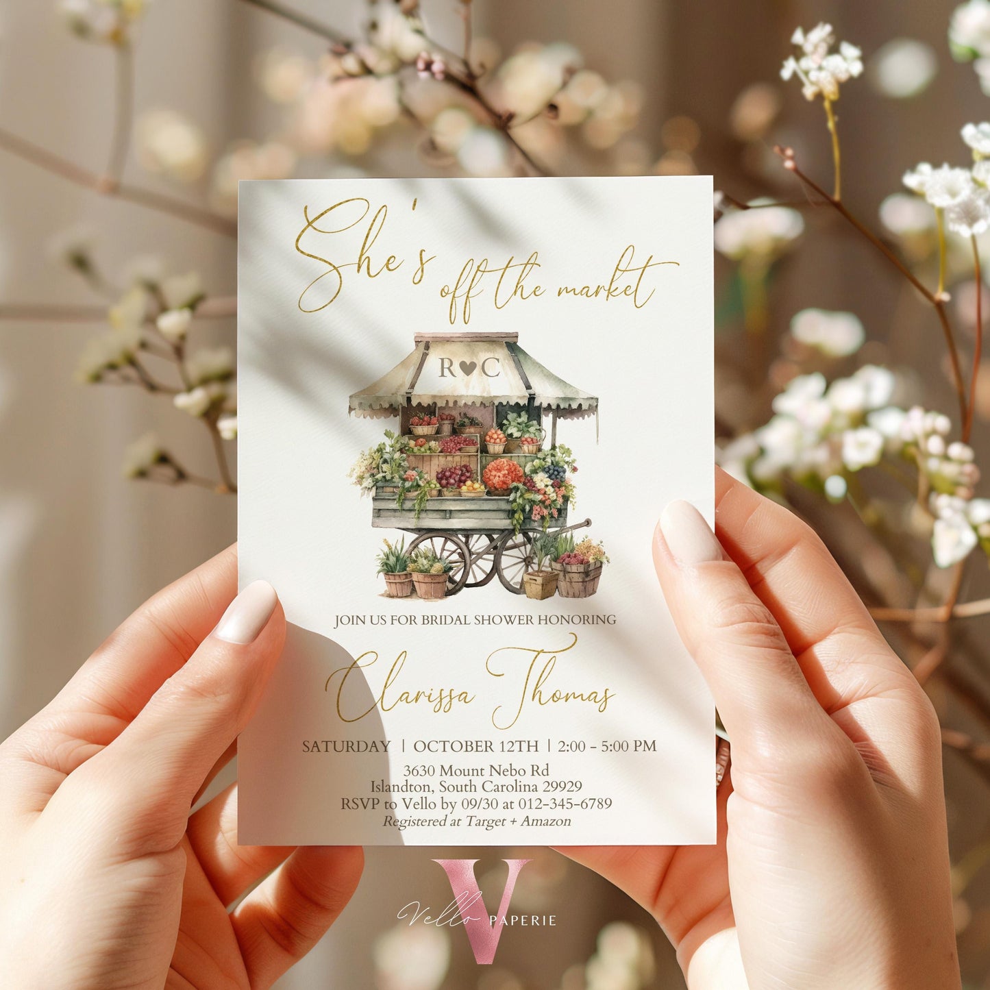 Off the Market Bridal Shower Party Invitation | She's off the Market Invite | Flower Fruit Store Watercolor Glitter Gold Instant Template