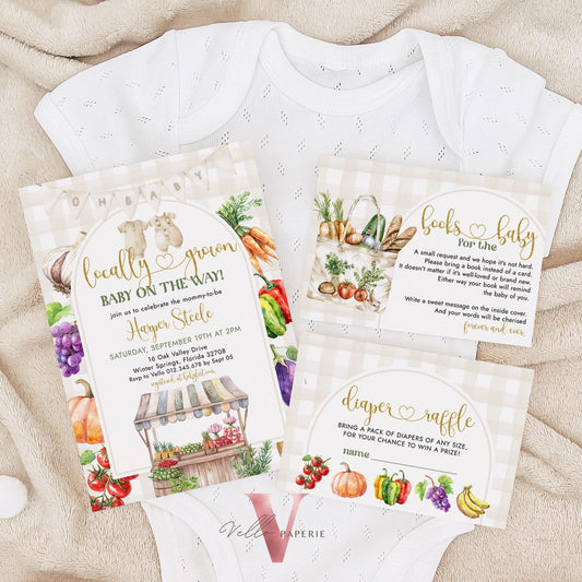 Farmer's Market Baby Shower Invite | Locally Grown Baby Shower Invitation Bundle | Organic Baby Shower Books for Baby, Diaper Raffle Instant