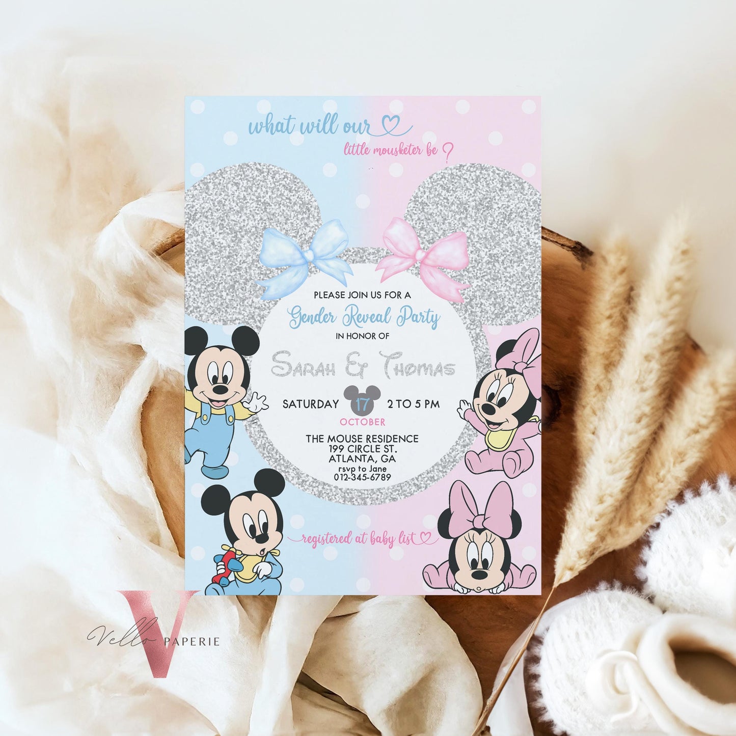Minnie Mickey Baby Shower Invitation | Editable Printable Blue Pink Baby Shower Party Invite | Mouseketeer Gender Reveal Party Invite