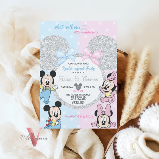 Minnie Mickey Baby Shower Invitation | Editable Printable Blue Pink Baby Shower Party Invite | Mouseketeer Gender Reveal Party Invite