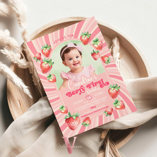 Photo STRAWBERRY First Birthday Invitation Girl | Berry First Birthday Party Invite | Summer Girl Editable Template | Pink First Birthday