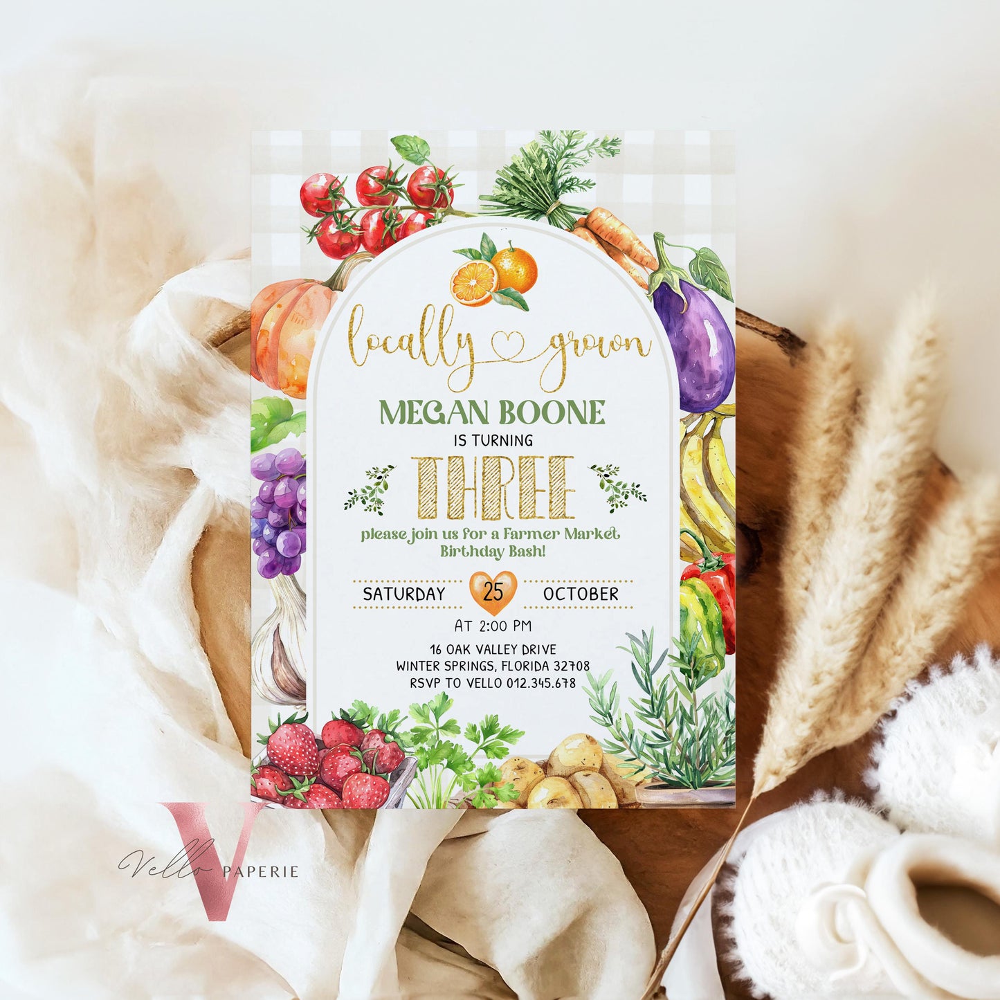 Fresh Locally Grown Birthday Invitation | Neutral Farmer's Market Birthday Invite | Organic Vegetables Fruits Party ANY AGE Instant Template