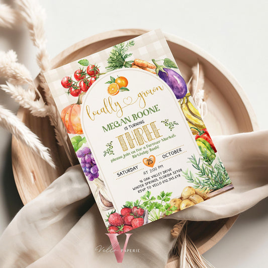 Fresh Locally Grown Birthday Invitation | Neutral Farmer's Market Birthday Invite | Organic Vegetables Fruits Party ANY AGE Instant Template