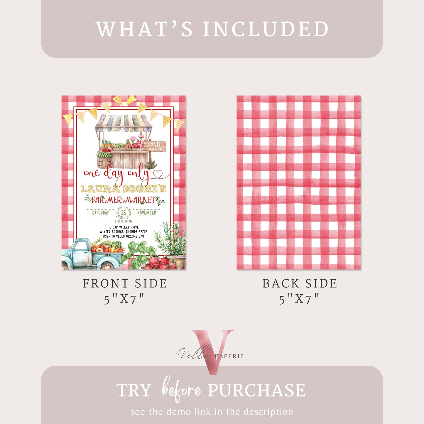 Farmer's Market Birthday Invite | Red Gingham Locally Grown Birthday Invite | Organic Vegetables Fruits Party ANY AGE Instant Template