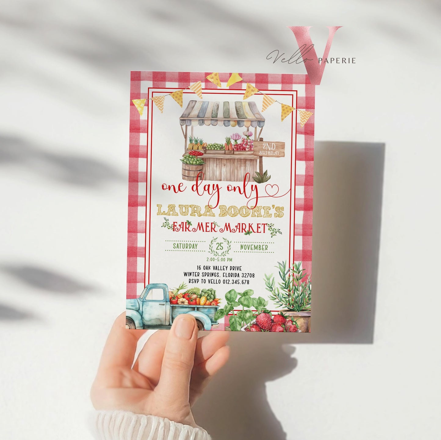 Farmer's Market Birthday Invite | Red Gingham Locally Grown Birthday Invite | Organic Vegetables Fruits Party ANY AGE Instant Template