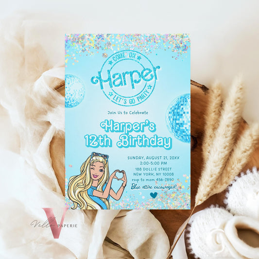 Disco Blue Doll Birthday Invitation | Editable Printable Glitter Blue Disco Party Invite | Boy and Girl Blue Doll Party Instant Download