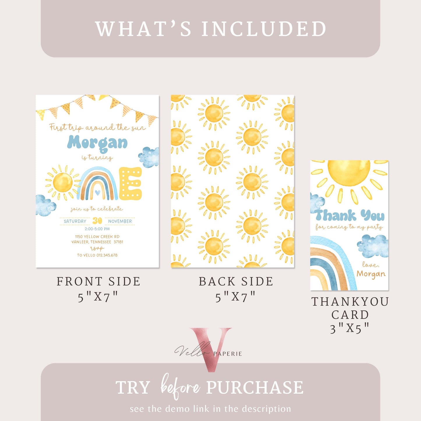 Blue Yellow First Trip Around The Sun Birthday Invitation | Editable 1st Sunshine Invite | Editable Boho Sun Rainbow Boy Girl Instant