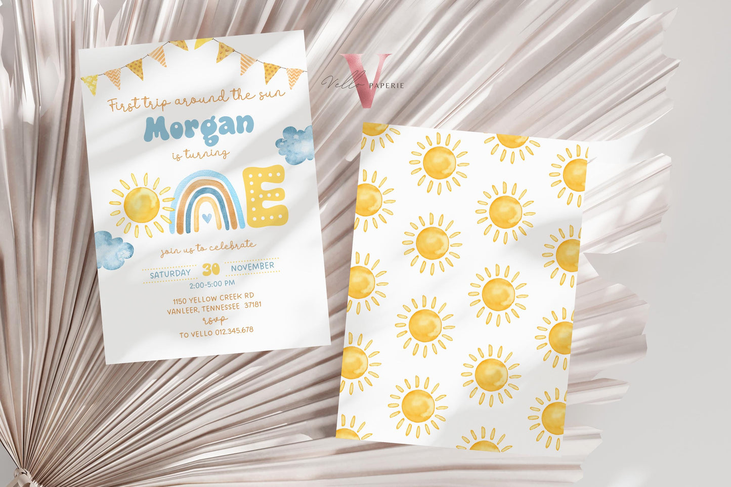 Blue Yellow First Trip Around The Sun Birthday Invitation | Editable 1st Sunshine Invite | Editable Boho Sun Rainbow Boy Girl Instant