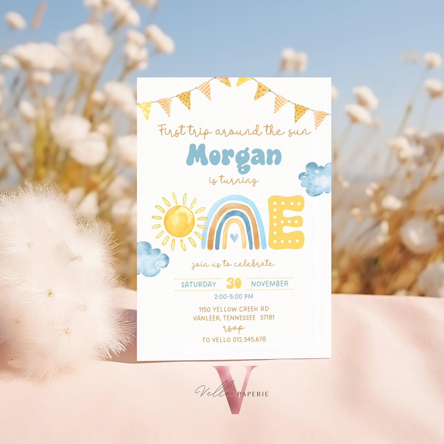 Blue Yellow First Trip Around The Sun Birthday Invitation | Editable 1st Sunshine Invite | Editable Boho Sun Rainbow Boy Girl Instant