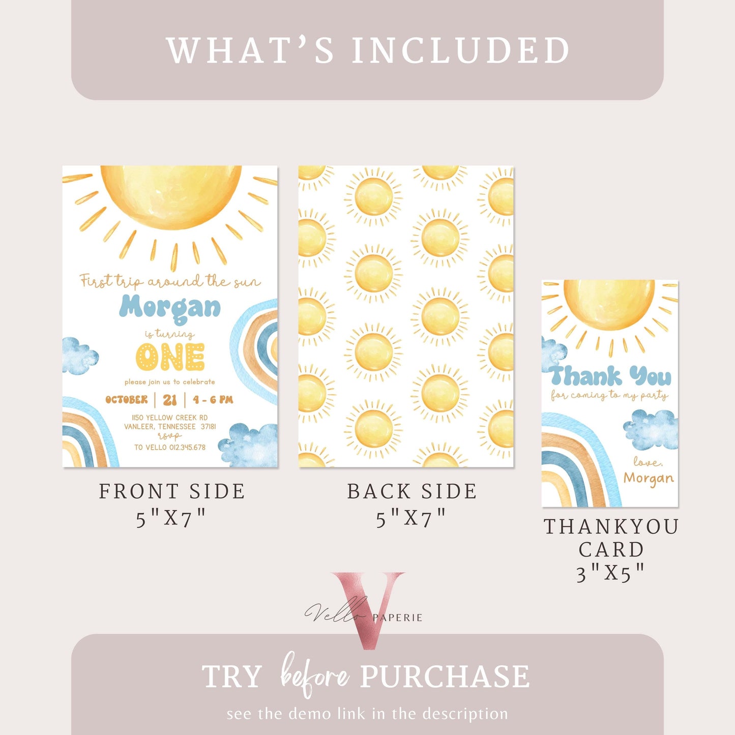 Yellow Blue Any Age Around The Sun Birthday Invitation | Editable Sunshine Invite | Editable Boho Sun Rainbow Boy Girl Instant Template