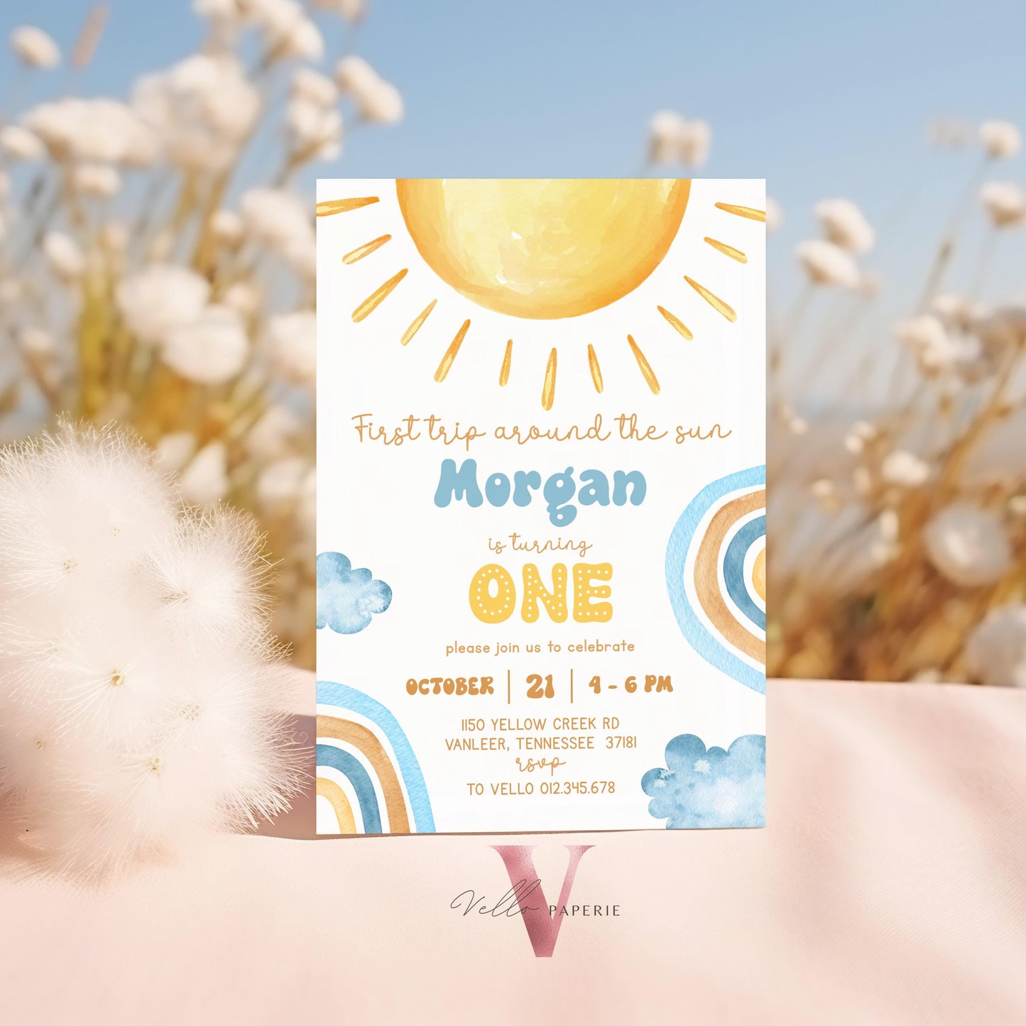 Yellow Blue Any Age Around The Sun Birthday Invitation | Editable Sunshine Invite | Editable Boho Sun Rainbow Boy Girl Instant Template