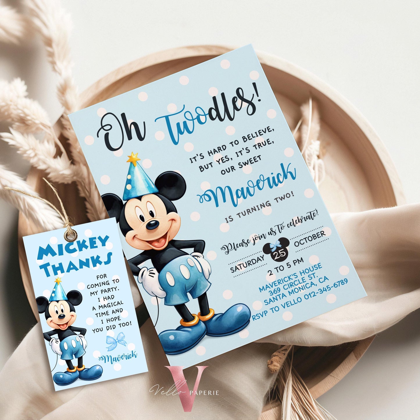 Self Editable Oh Twodles Mickey Mouse Birthday Invitation | Watercolor Blue Mickey Birthday Party Invite | Mickey Twodles Instant Download