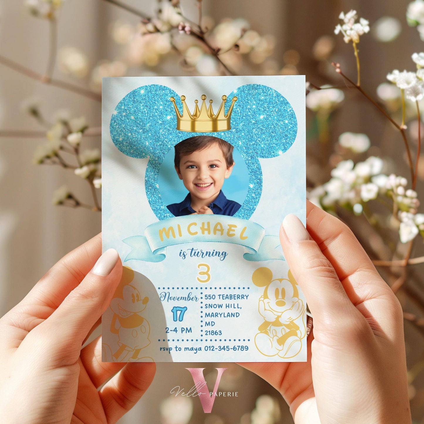 Photo Blue Glitter Royal Mickey Birthday Invitation | Editable Printable Blue Gold Mickey Birthday Party Invite with Photo Instant Download