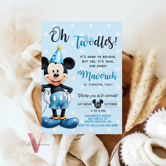 Self Editable Oh Twodles Mickey Mouse Birthday Invitation | Watercolor Blue Mickey Birthday Party Invite | Mickey Twodles Instant Download