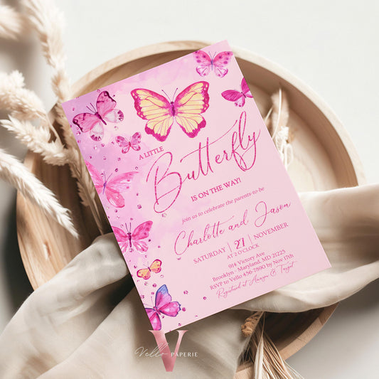 Pink Watercolor Butterfly Baby Shower Party Invitation | A little butterfly Welcome Baby Party Invite | Pink Glitter Baby Butterfly Template