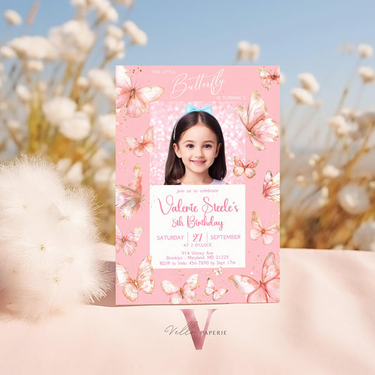 Pink Photo Watercolor Butterfly Birthday Invitation | A little butterfly Party Invite with photo | Glam Pink Glitter Baby Butterfly Template