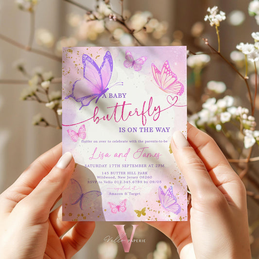 Pink Purple Glitter Watercolor Butterfly Baby Shower Party Invitation | A baby Butterfly on the way Party Invite | Pink Spaabrkle Butterfly