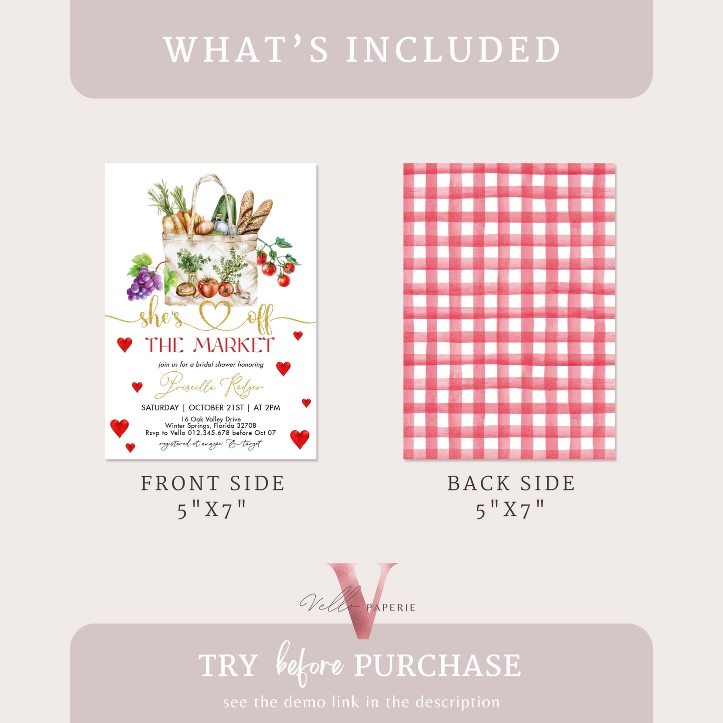 Grocery Off the Market Bridal Shower Party Invitation | She's off the Market Invite | Gold Red Farmer's Market Watercolor Bride Instant