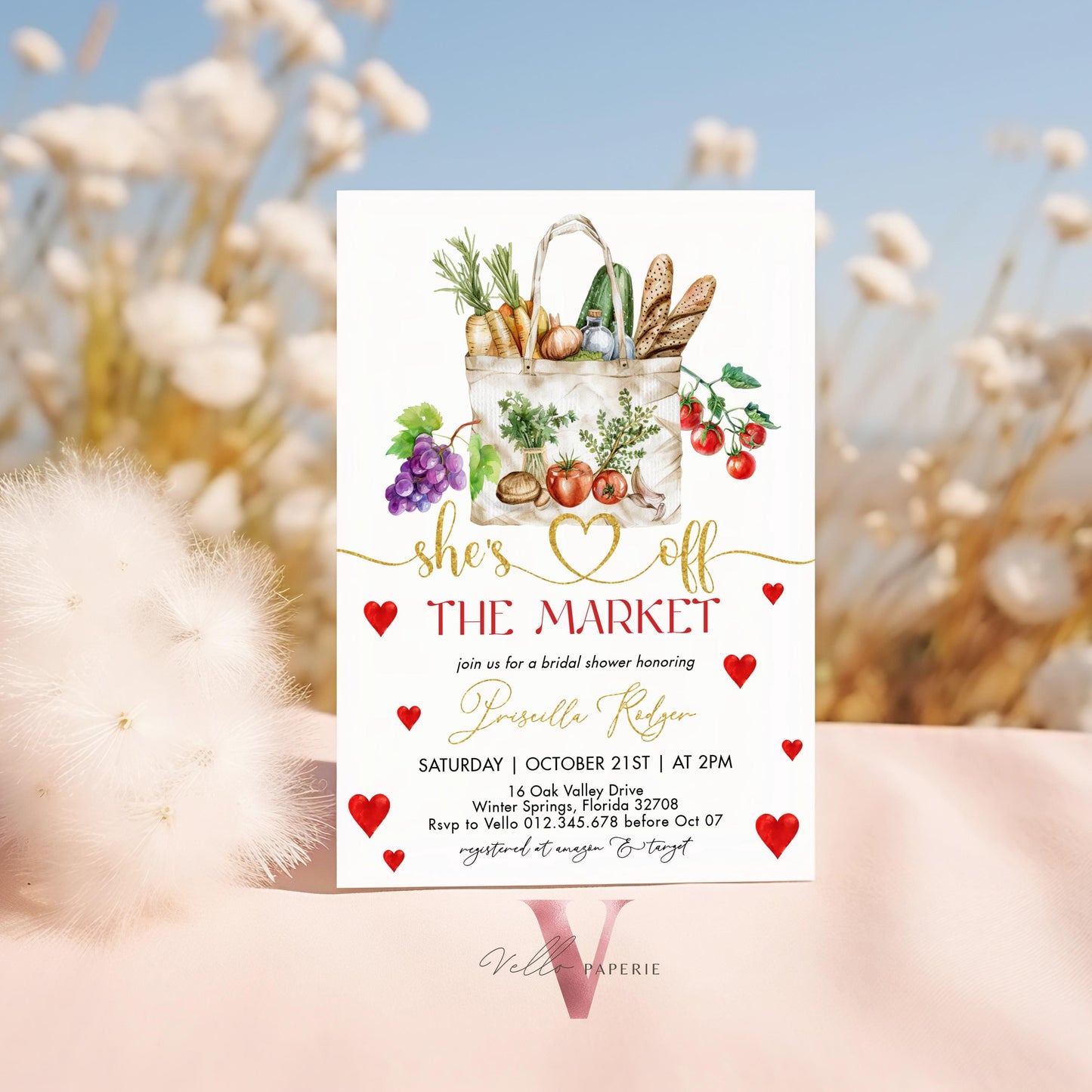 Grocery Off the Market Bridal Shower Party Invitation | She's off the Market Invite | Gold Red Farmer's Market Watercolor Bride Instant