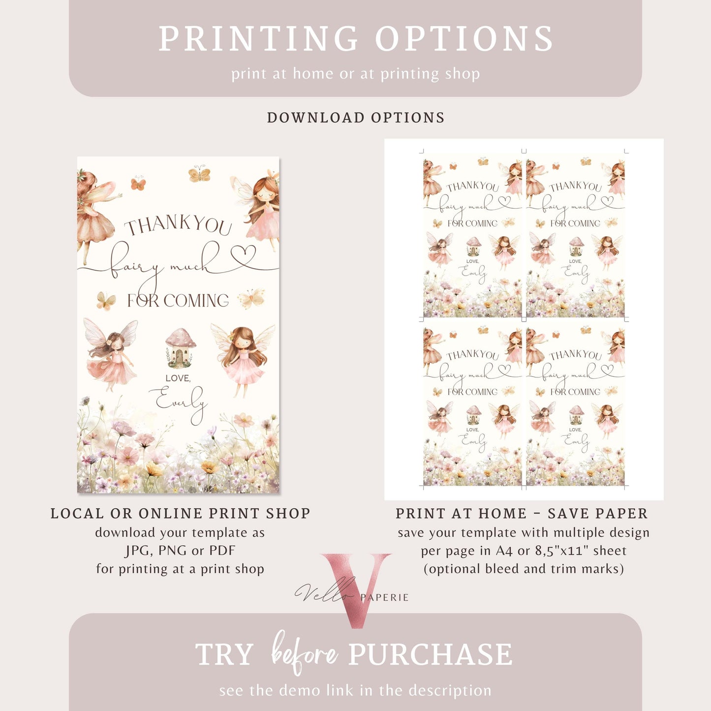 Editable Fairy First Birthday Thankyou Card | Printable Garden Fairy Magical Butterfly Gift Tag | Whymsical Girl 1st Party Favor Tag INSTANT