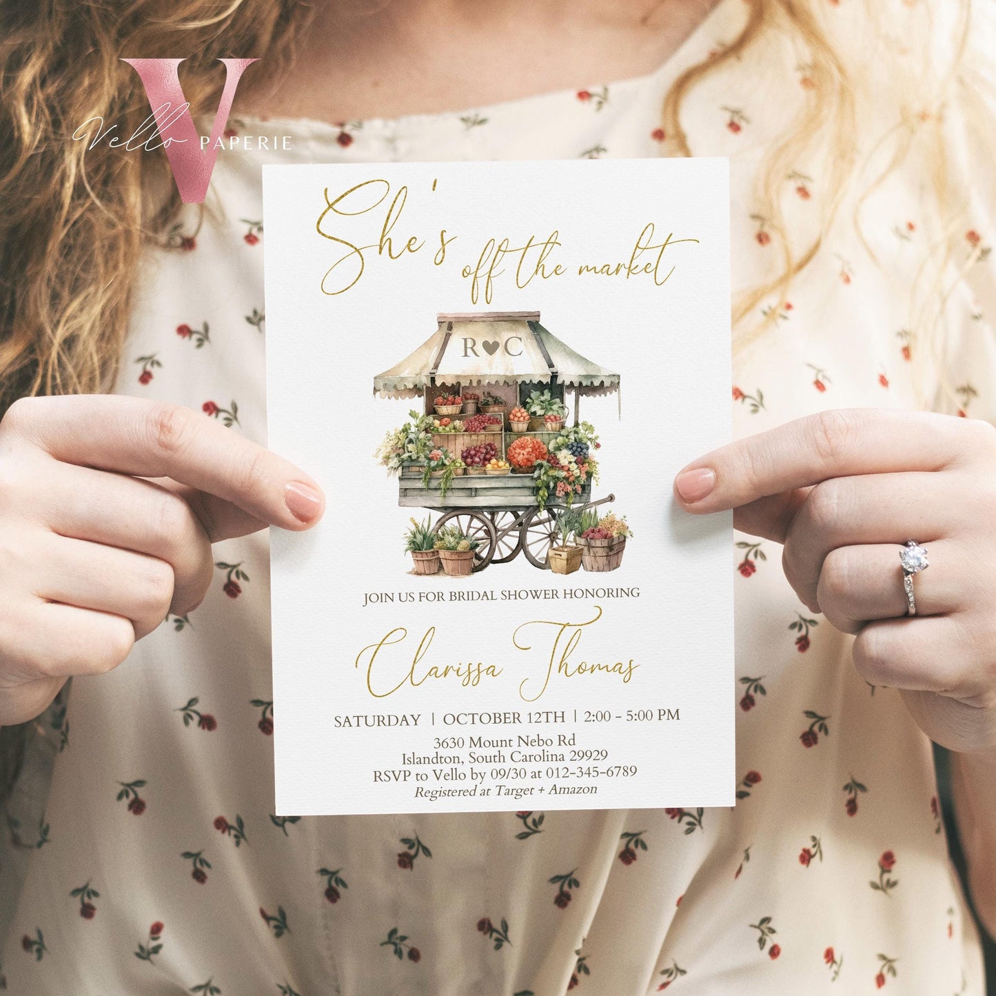 Off the Market Bridal Shower Party Invitation | She's off the Market Invite | Flower Fruit Store Watercolor Glitter Gold Instant Template