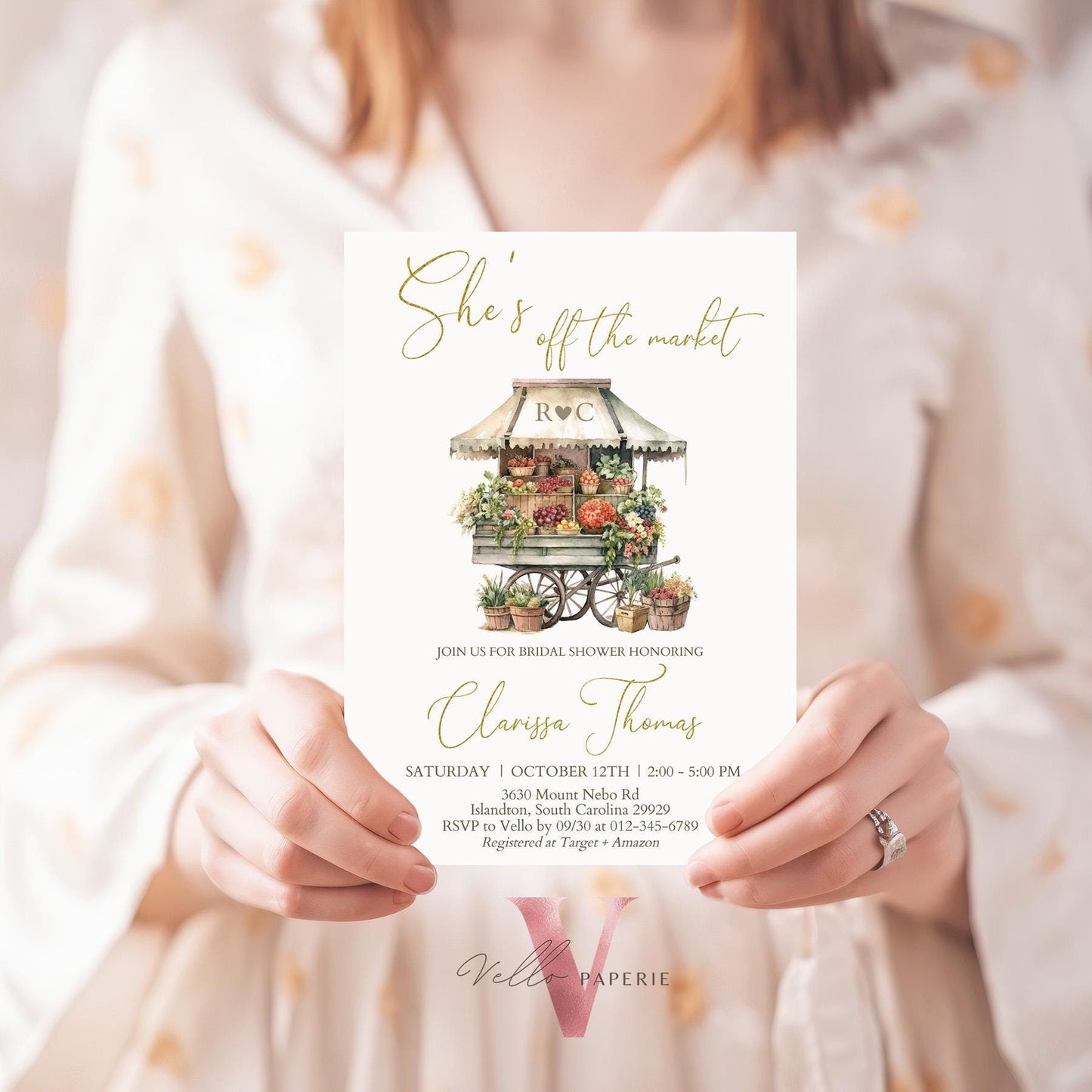 Off the Market Bridal Shower Party Invitation | She's off the Market Invite | Flower Fruit Store Watercolor Glitter Gold Instant Template