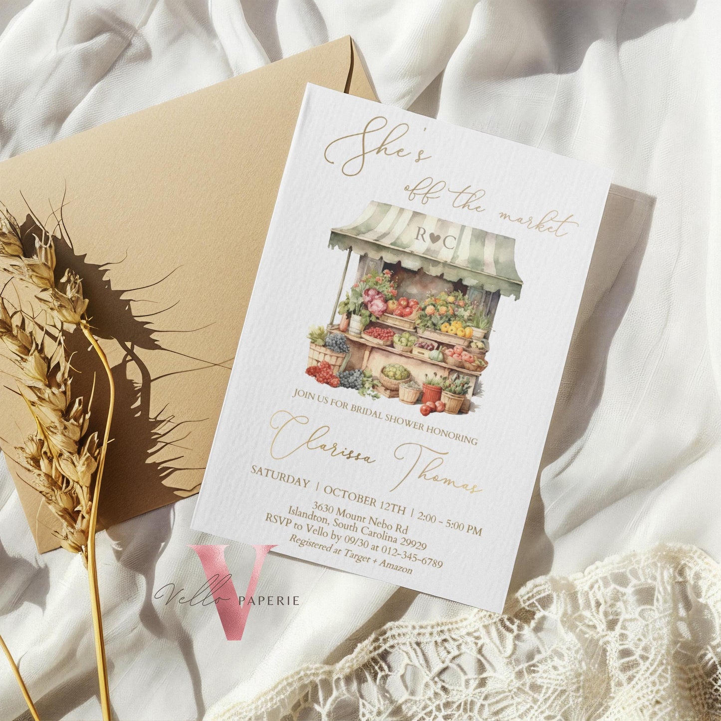 Off the Market Bridal Shower Party Invitation | She's off the Market Invite | Flower Fruit Store Watercolor Glitter Gold Instant Template